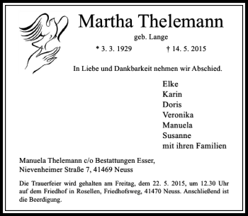 Todesanzeige von Thelemann Martha von Rheinische Post