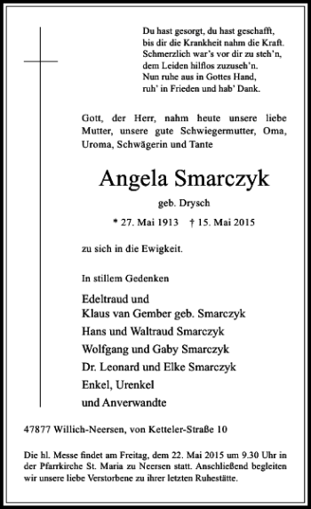 Todesanzeige von Smarczyk Angela von Rheinische Post