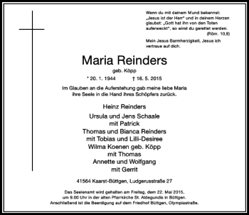 Todesanzeige von Reinders Maria von Rheinische Post