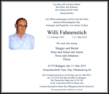 Todesanzeige von Fahnenstich Willi von Rheinische Post