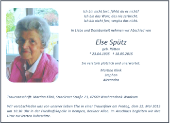 Todesanzeige von Spütz Else von Rheinische Post