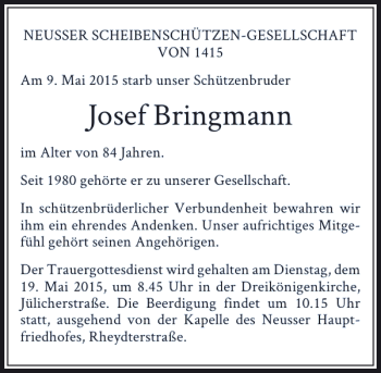 Todesanzeige von Bringmann Josef von Rheinische Post