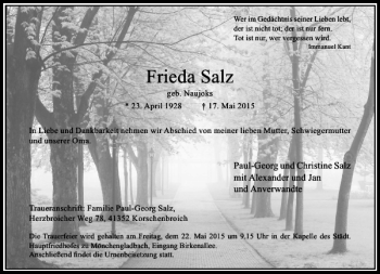 Todesanzeige von Salz Frieda von Rheinische Post