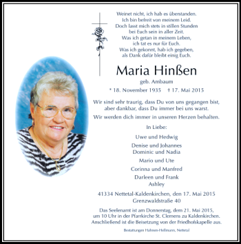 Todesanzeige von Hinßen Maria von Rheinische Post