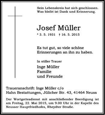 Todesanzeige von Müller Josef von Rheinische Post