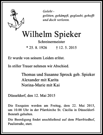 Todesanzeige von Spieker Wilhelm von Rheinische Post
