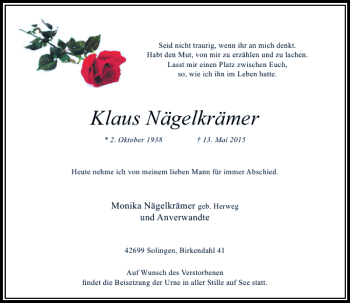 Todesanzeige von Nägelkrämer Klaus von Rheinische Post