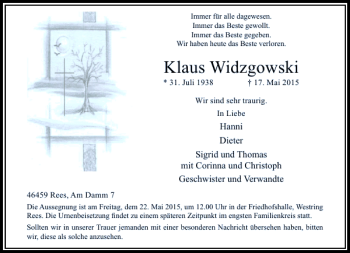 Todesanzeige von Widzgowski Klaus von Rheinische Post