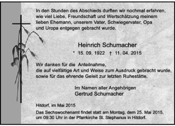 Todesanzeige von Schumacher Heinrich von Rheinische Post