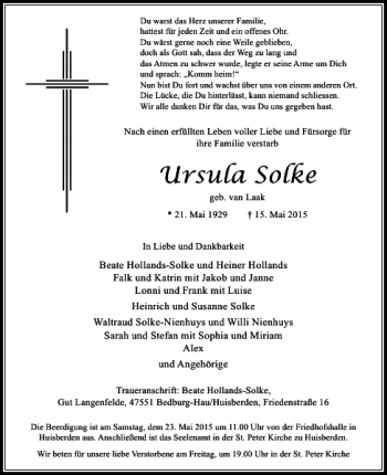 Todesanzeige von Solke Ursula von Rheinische Post