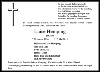 Todesanzeige von Hemping Luise von Rheinische Post