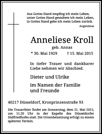 Todesanzeige von Kroll Anneliese von Rheinische Post