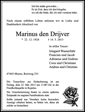 Todesanzeige von den Drijver Marinus von Rheinische Post