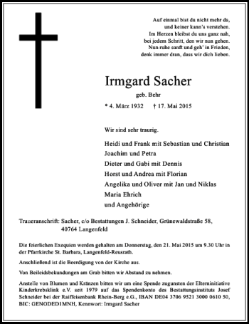 Todesanzeige von Sacher Irmgard von Rheinische Post