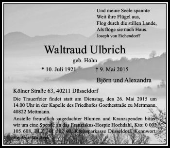 Todesanzeige von Ulbrich Waltraud von Rheinische Post