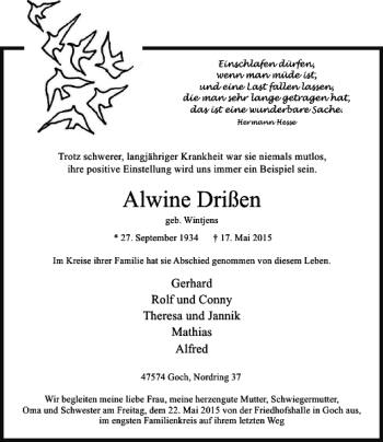 Todesanzeige von Drißen Alwine von Rheinische Post