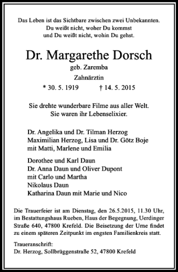 Todesanzeige von Dorsch Margarethe von Rheinische Post