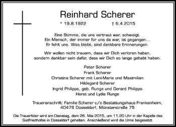 Todesanzeige von Scherer Reinhard von Rheinische Post