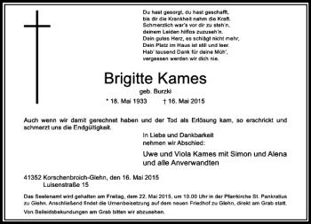 Todesanzeige von Kames Brigitte von Rheinische Post