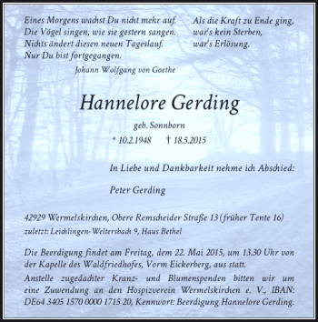 Todesanzeige von Gerding Hannelore von Rheinische Post