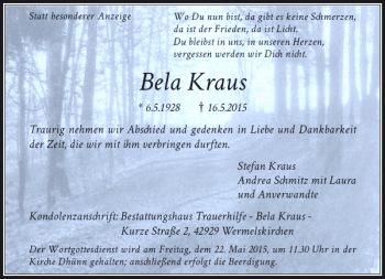 Todesanzeige von Kraus Bela von Rheinische Post