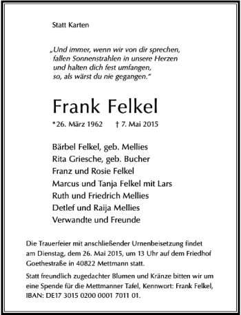 Todesanzeige von Felkel Frank von Rheinische Post