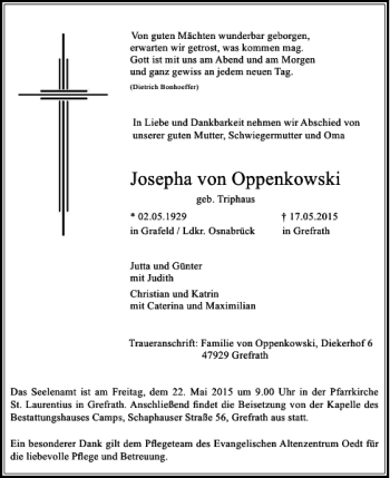 Todesanzeige von von Oppenkowski Josepha von Rheinische Post