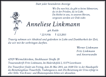 Todesanzeige von Linkmann Anneliese von Rheinische Post