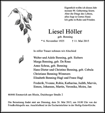 Todesanzeige von Höller Liesel von Rheinische Post