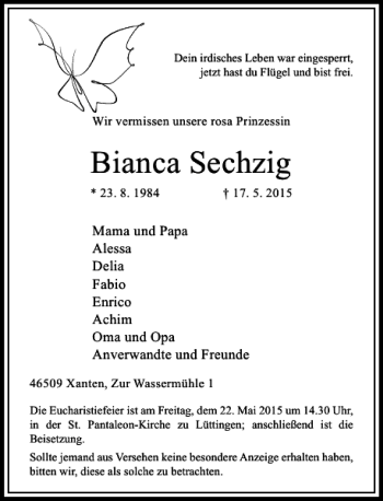 Todesanzeige von Sechzig Bianca von Rheinische Post