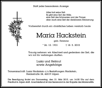 Todesanzeige von Hackstein Maria von Rheinische Post