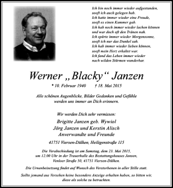 Todesanzeige von Blacky Janzen Werner von Rheinische Post