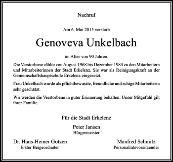 Todesanzeige von Unkelbach Genoveva von Rheinische Post