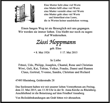 Todesanzeige von Hoppmann Zissi von Rheinische Post