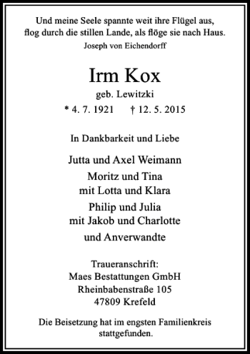 Todesanzeige von KOX IRM von Rheinische Post