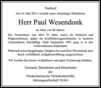 Todesanzeige von Wesendonk Paul von Rheinische Post