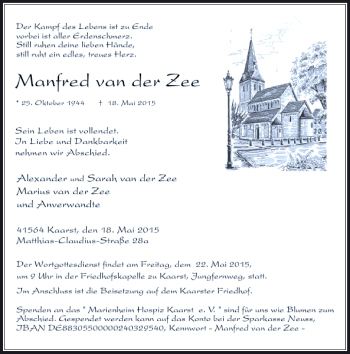 Todesanzeige von van der Zee Manfred von Rheinische Post