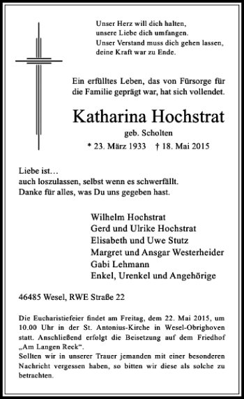 Todesanzeige von Hochstrat Katharina von Rheinische Post