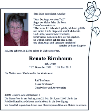 Todesanzeige von Birnbaum Renate von Rheinische Post