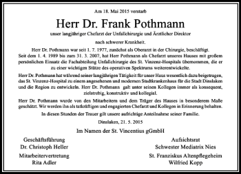 Todesanzeige von Frank Pothmann Dr. von Rheinische Post