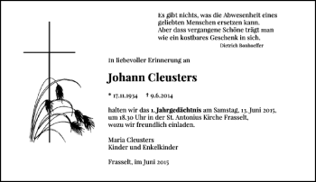 Todesanzeige von Cleusters Johann von Rheinische Post
