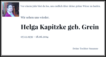 Todesanzeige von Kapitzke geb. Grei Helga von Rheinische Post