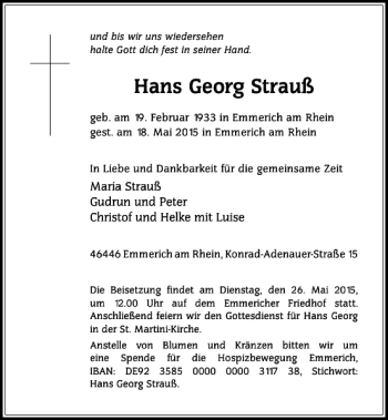 Todesanzeige von Georg Strauß Hans von Rheinische Post