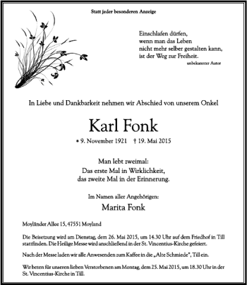 Todesanzeige von Fonk Karl von Rheinische Post