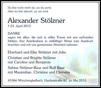 Todesanzeige von Stölzner Alexander von Rheinische Post