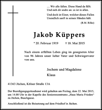 Todesanzeige von Küppers Jakob von Rheinische Post