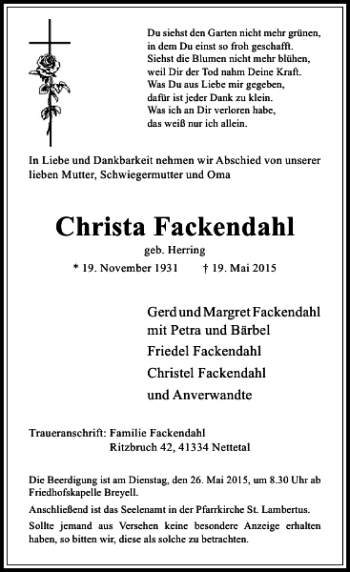 Todesanzeige von Fackendahl Christa von Rheinische Post