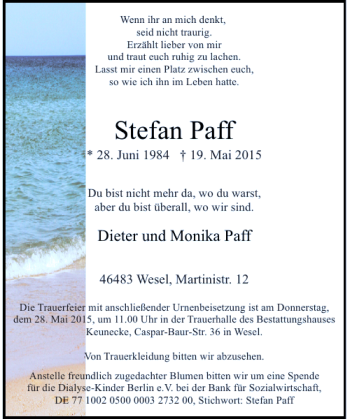 Todesanzeige von Paff Stefan von Rheinische Post