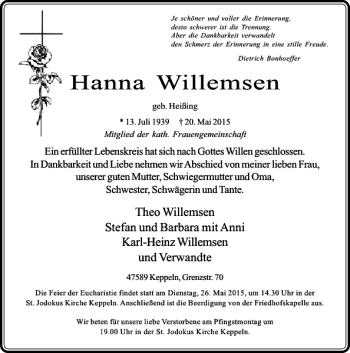 Todesanzeige von Willemsen Hanna von Rheinische Post
