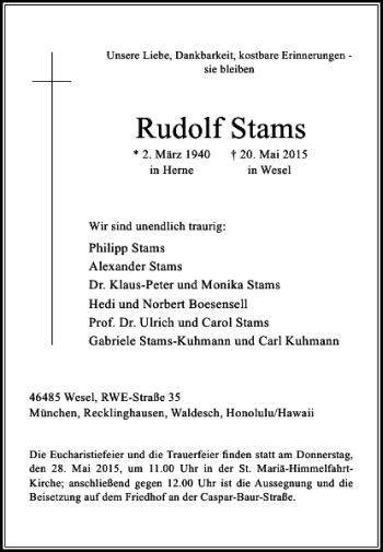 Todesanzeige von Stams Rudolf von Rheinische Post
